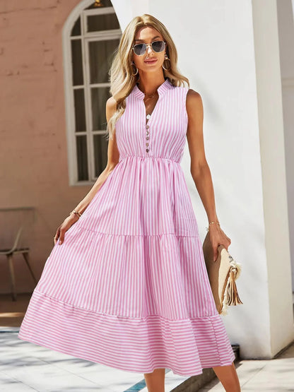 Hazel Blues® |  Striped Sleeveless Tiered Midi Dress