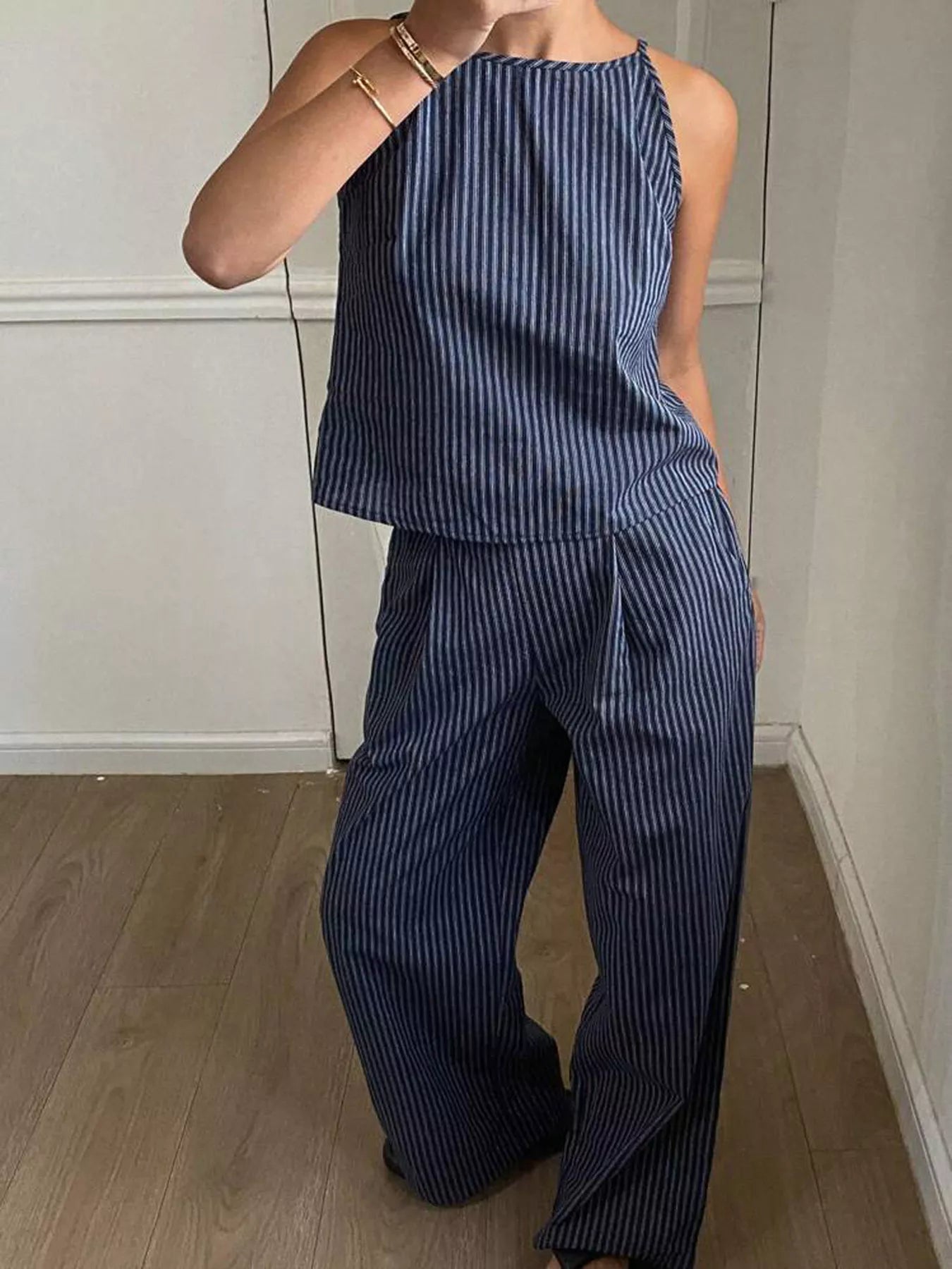 Hazel Blues® |  Striped Sleeveless Top and Wide-Leg Pants Set