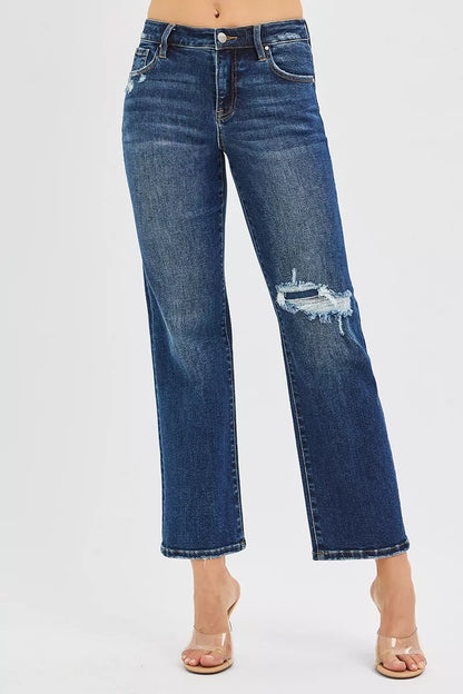 Hazel Blues® |  RISEN High Rise Crop Slim Straight Jenas with Hidden Knee Patch