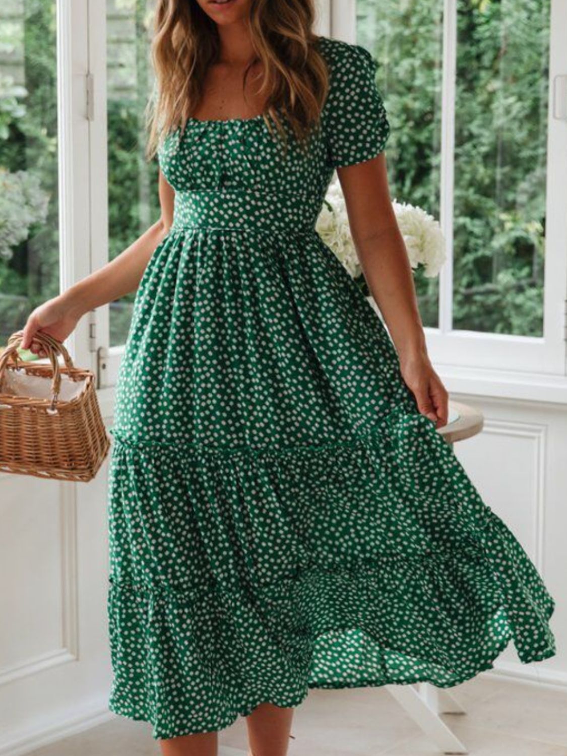 Hazel Blues® |  Printed Square Neck Short Sleeve Midi Dress