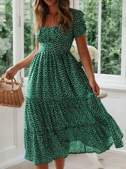 Hazel Blues® |  Printed Square Neck Short Sleeve Midi Dress
