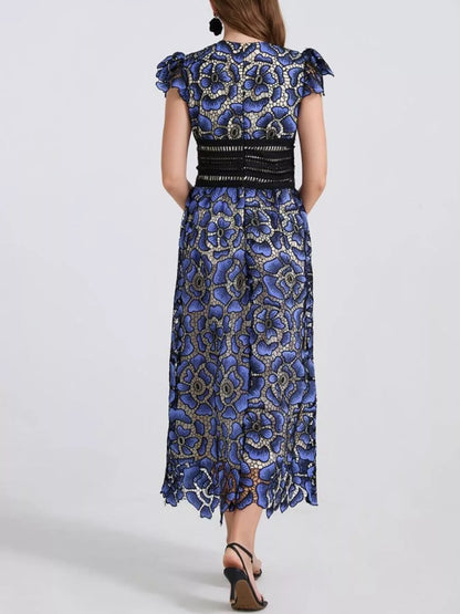 Hazel Blues® |  Printed V-Neck Ruffle Sleeve Midi Dress
