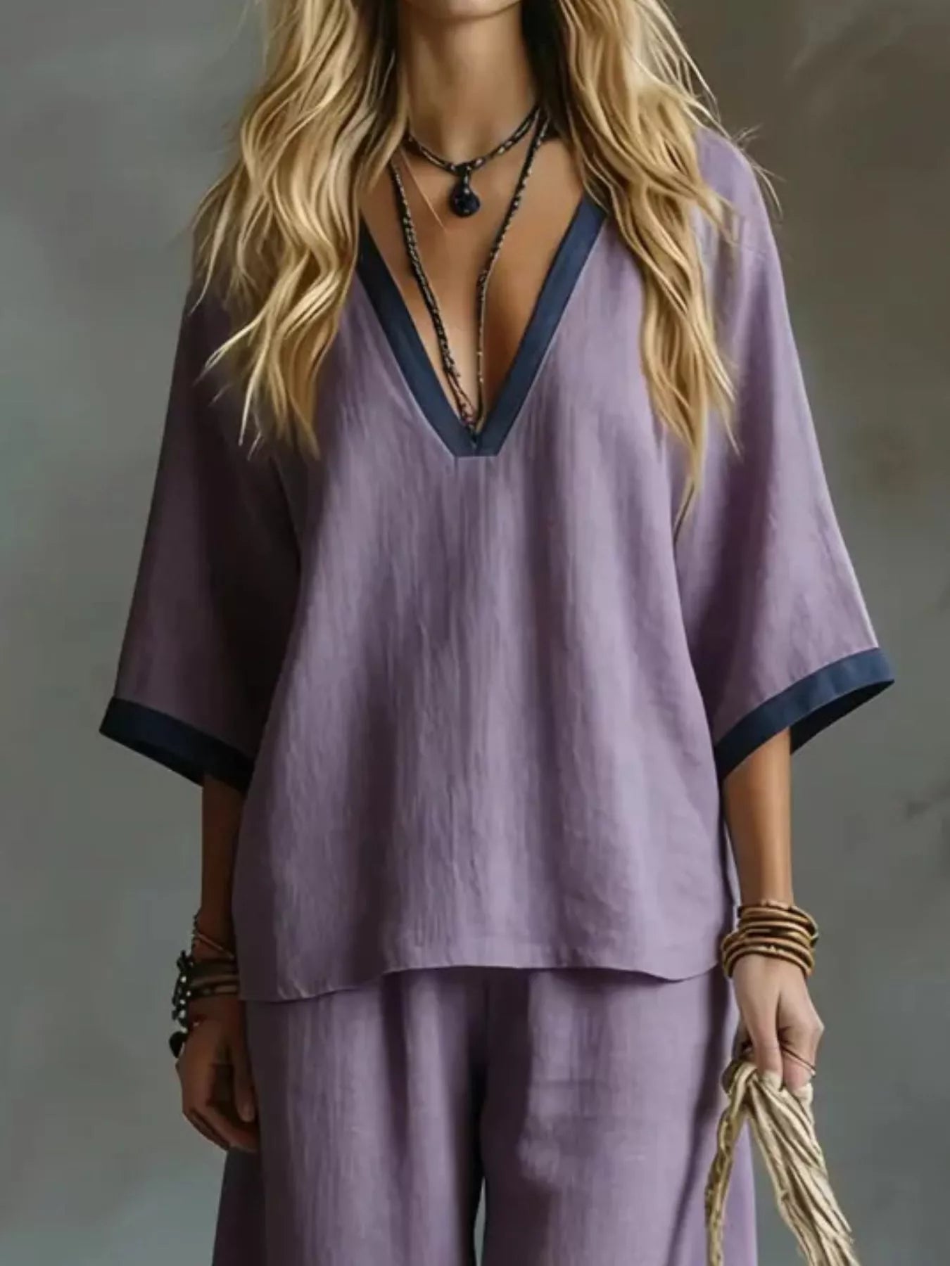 Hazel Blues® |  Contrast Trim V-Neck Top and Pants Set
