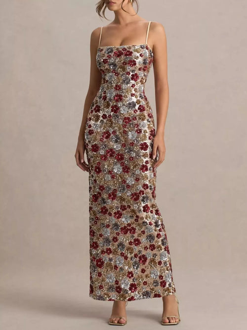 Hazel Blues® |  Slit Floral Sequin Bodycon Maxi Dress