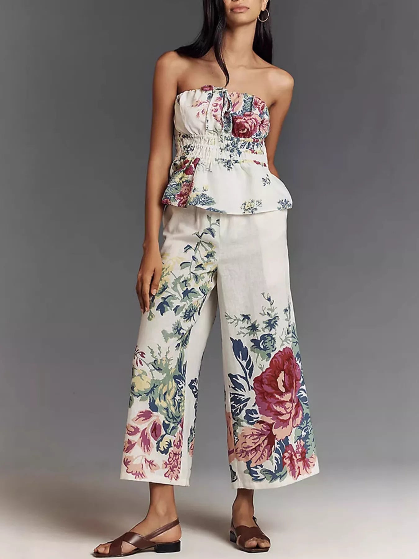 Hazel Blues® |  Floral Print Strapless Top and Wide-Leg Pants Set