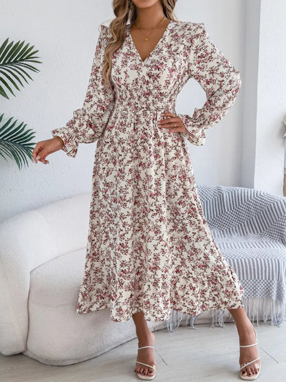 Hazel Blues® |  Ruffled Floral V-Neck Flounce Sleeve Dress
