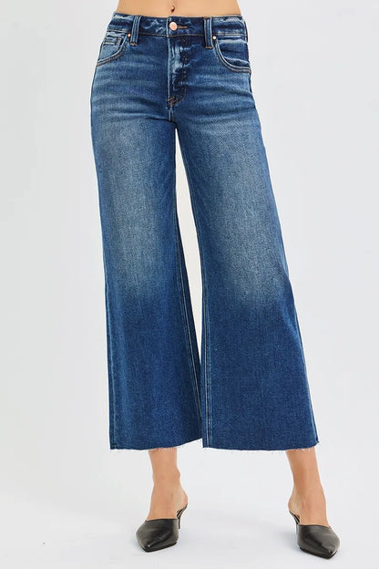 Hazel Blues® | RISEN Mid Rise Crop Wide Raw Cut Hem Jeans
