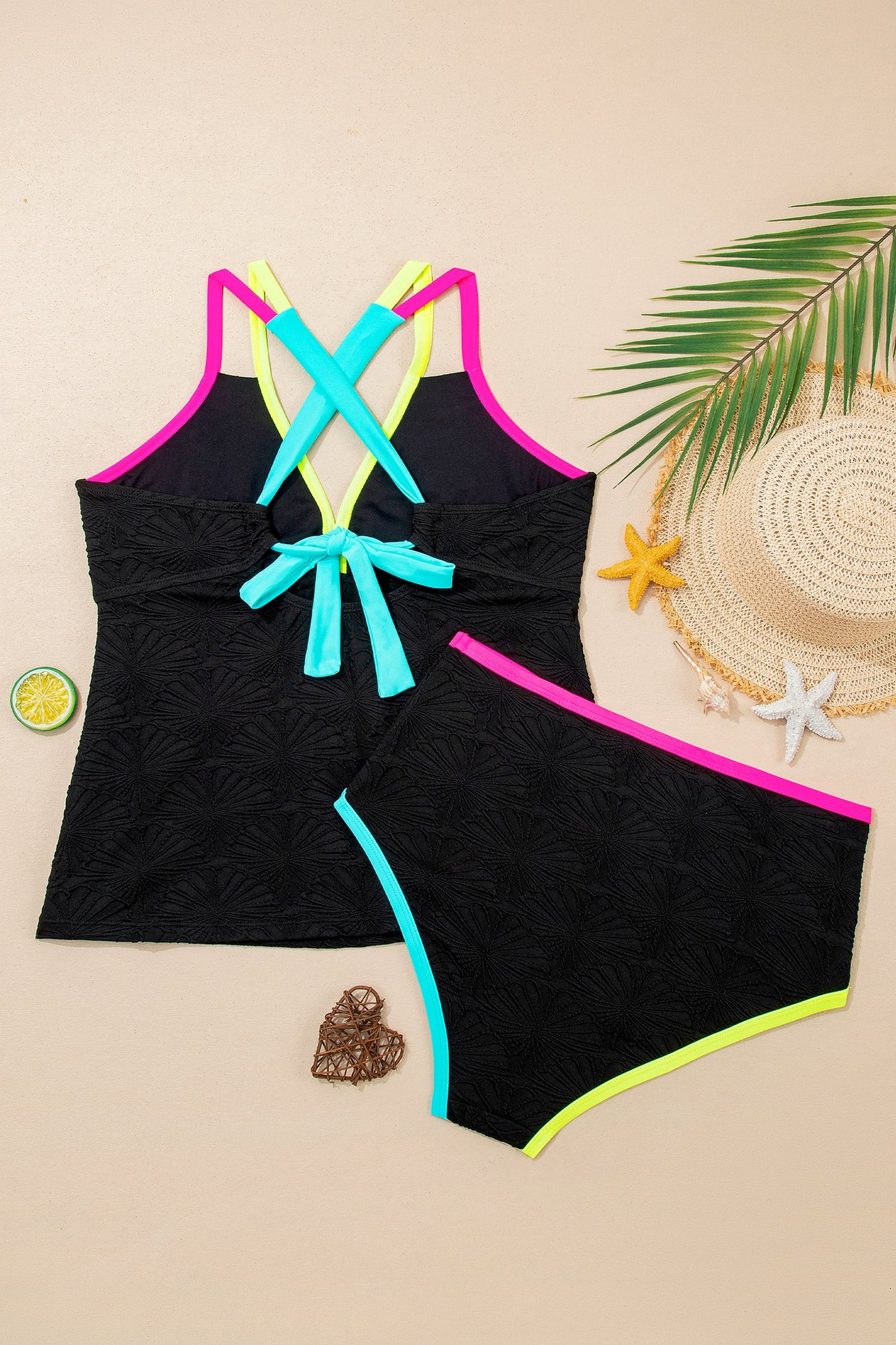Hazel Blues® | Black Floral Textured Neon Trim V Neck Crisscross Backless Tankini Set