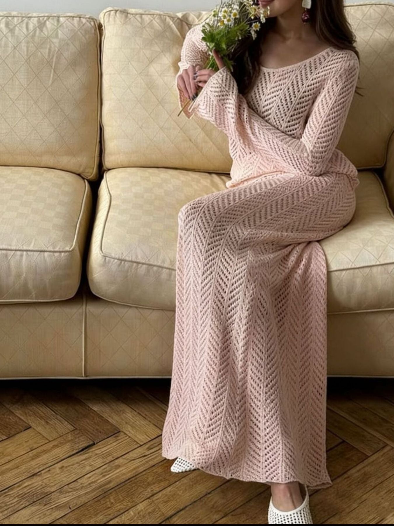 Hazel Blues® |  Openwork Long Sleeve Knit Top and Skirt Set