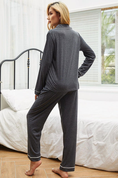Hazel Blues® |  Contrast Piping Button Down Top and Pants Loungewear Set
