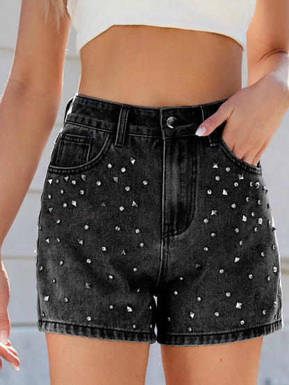 Hazel Blues® |  Studded High Waist Denim Shorts
