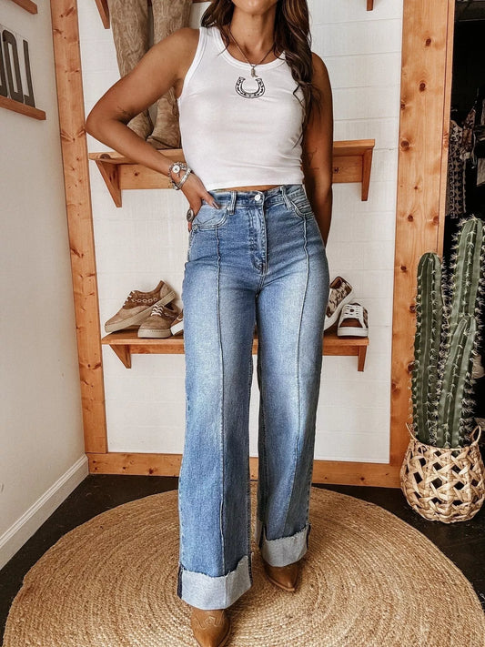 Hazel Blues® |  High-Waisted Wide Leg Cuffed Jeans
