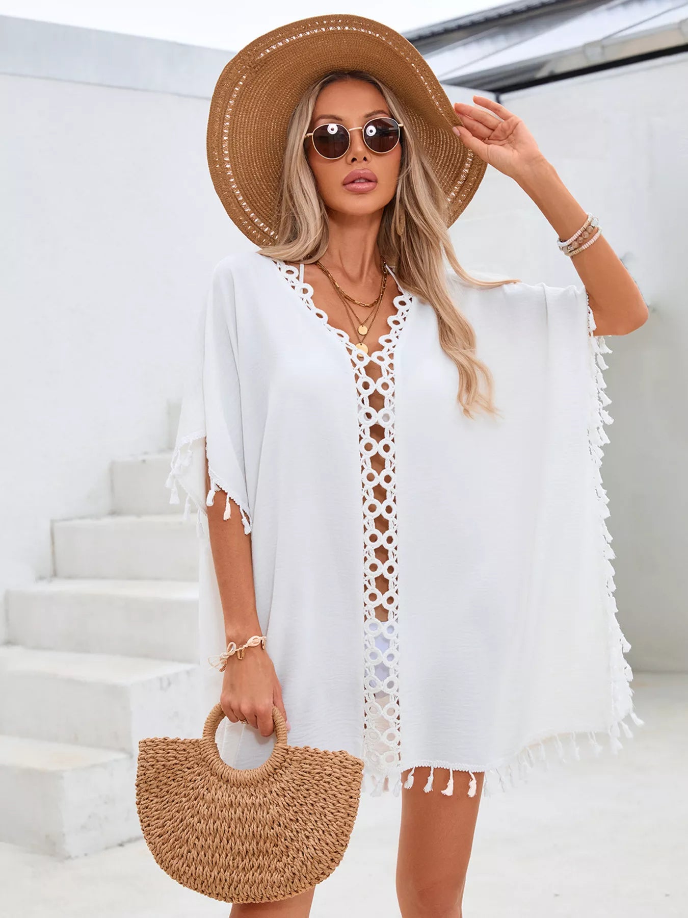 Hazel Blues® | Crochet Trim Tassel Cover-Up Dress