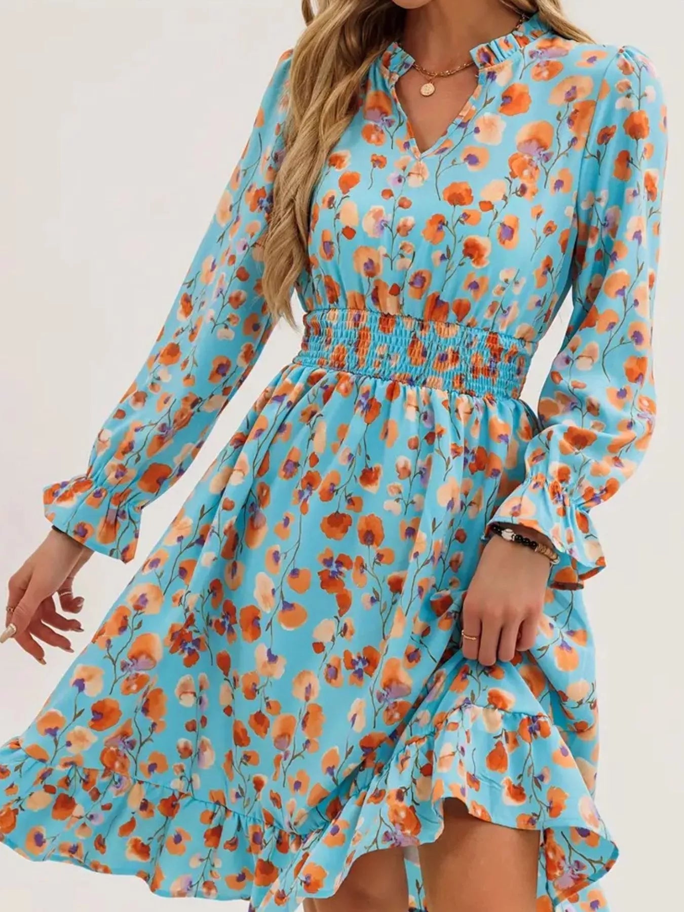 Hazel Blues® |  Floral Notched Flounce Sleeve Dress