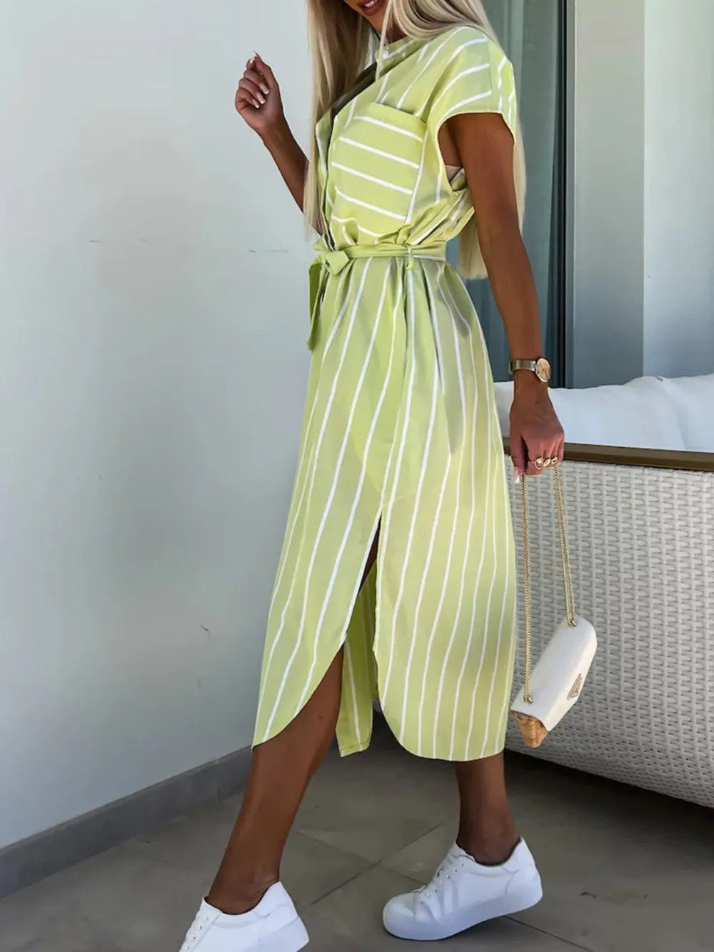 Hazel Blues® |  Striped Tie Waist Short Sleeve Dress