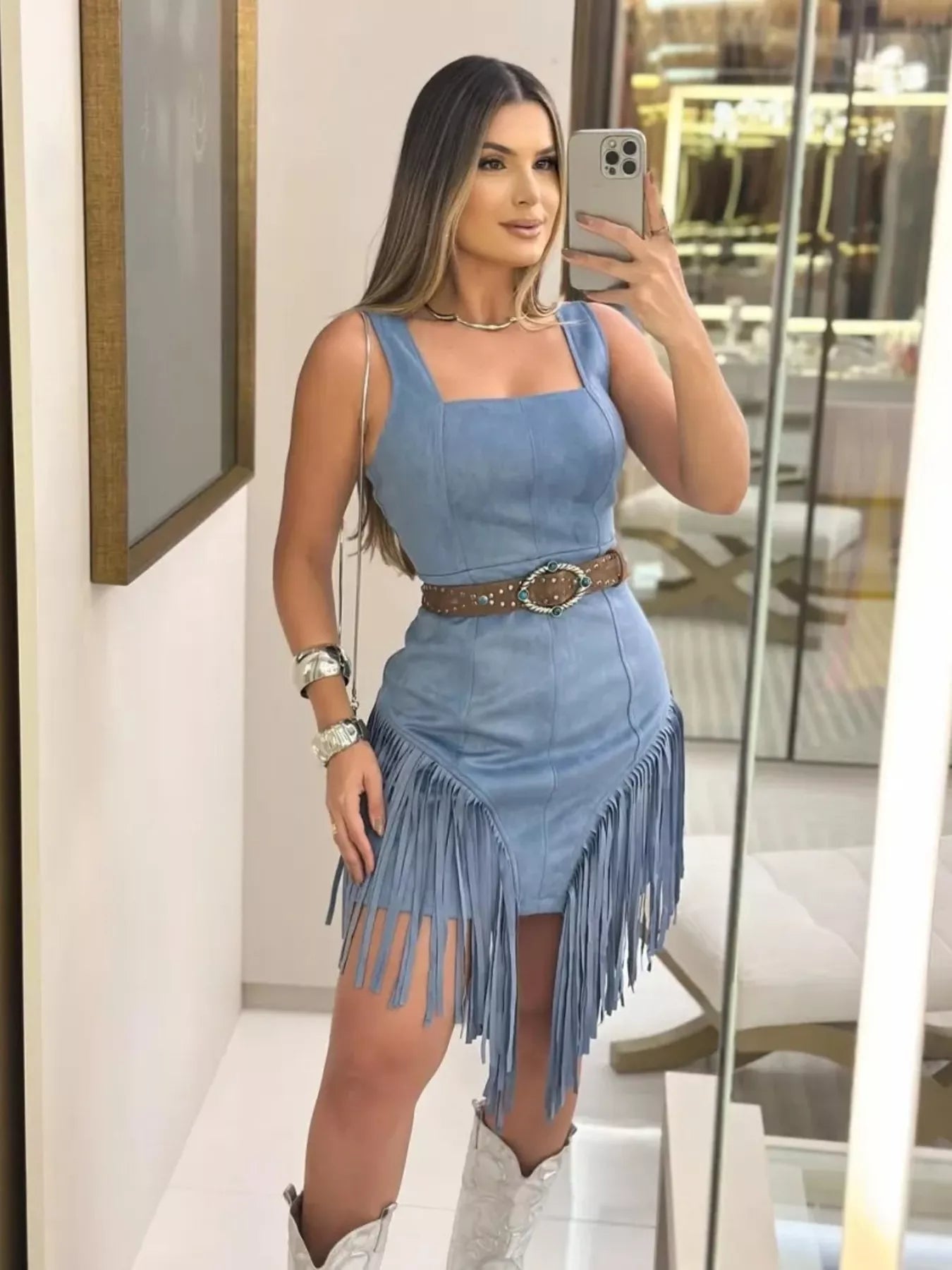Hazel Blues® |  Sleeveless Fringed Mini Dress