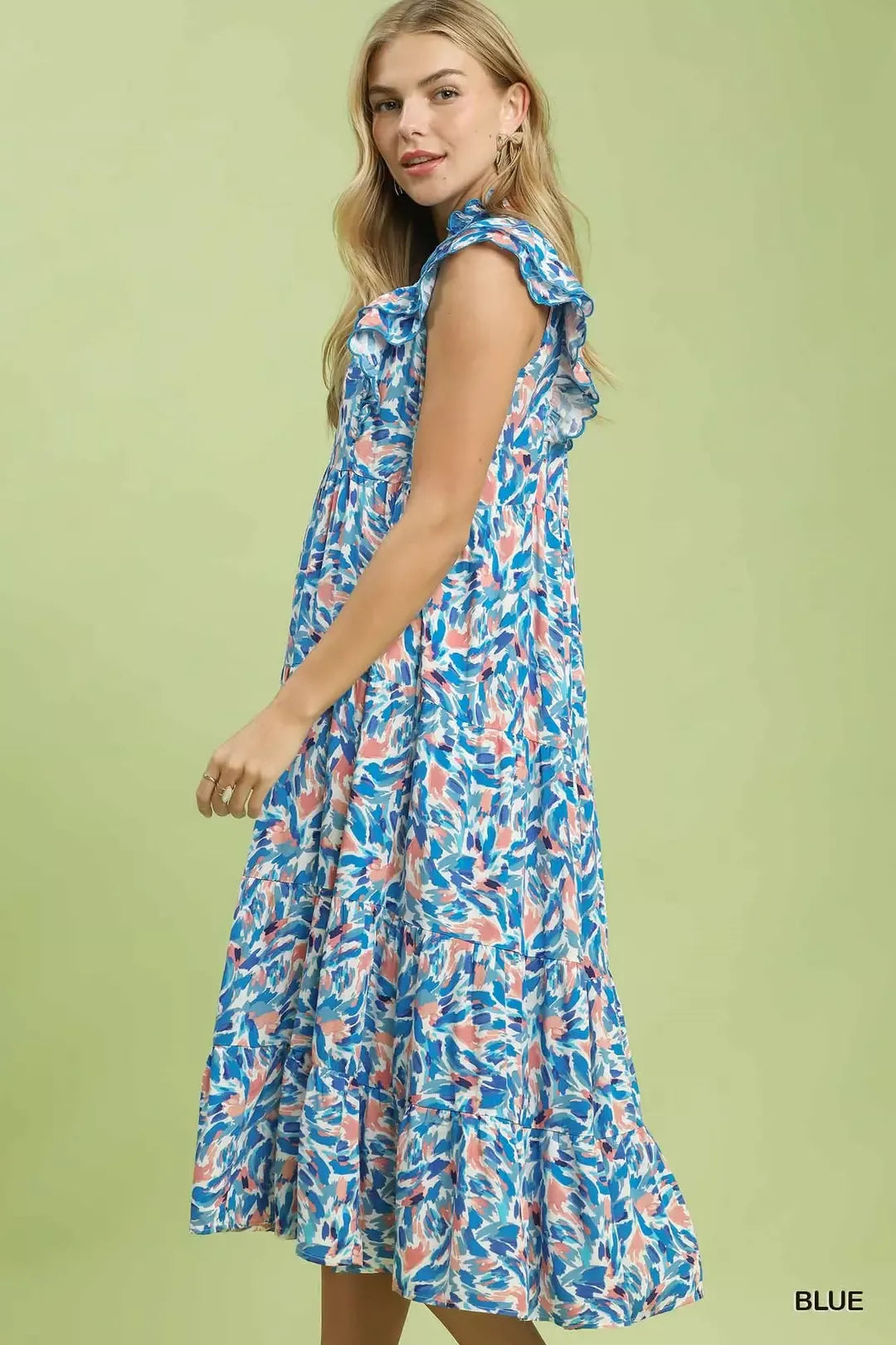 Hazel Blues® |  Umgee Leaf Print Midi Tiered Dress with Side Pockets