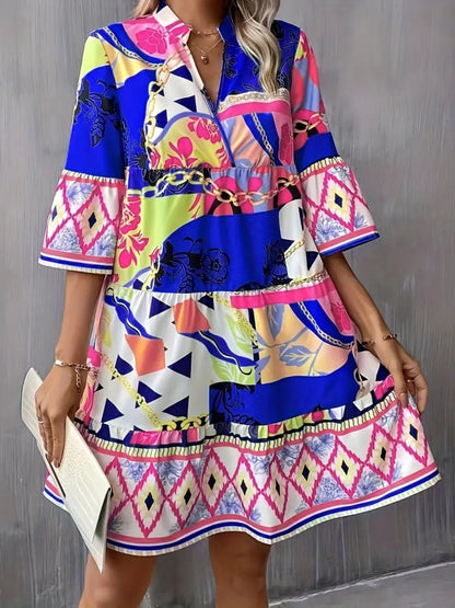 Hazel Blues® |  Printed Notched 3/4 Sleeve Tiered Dress