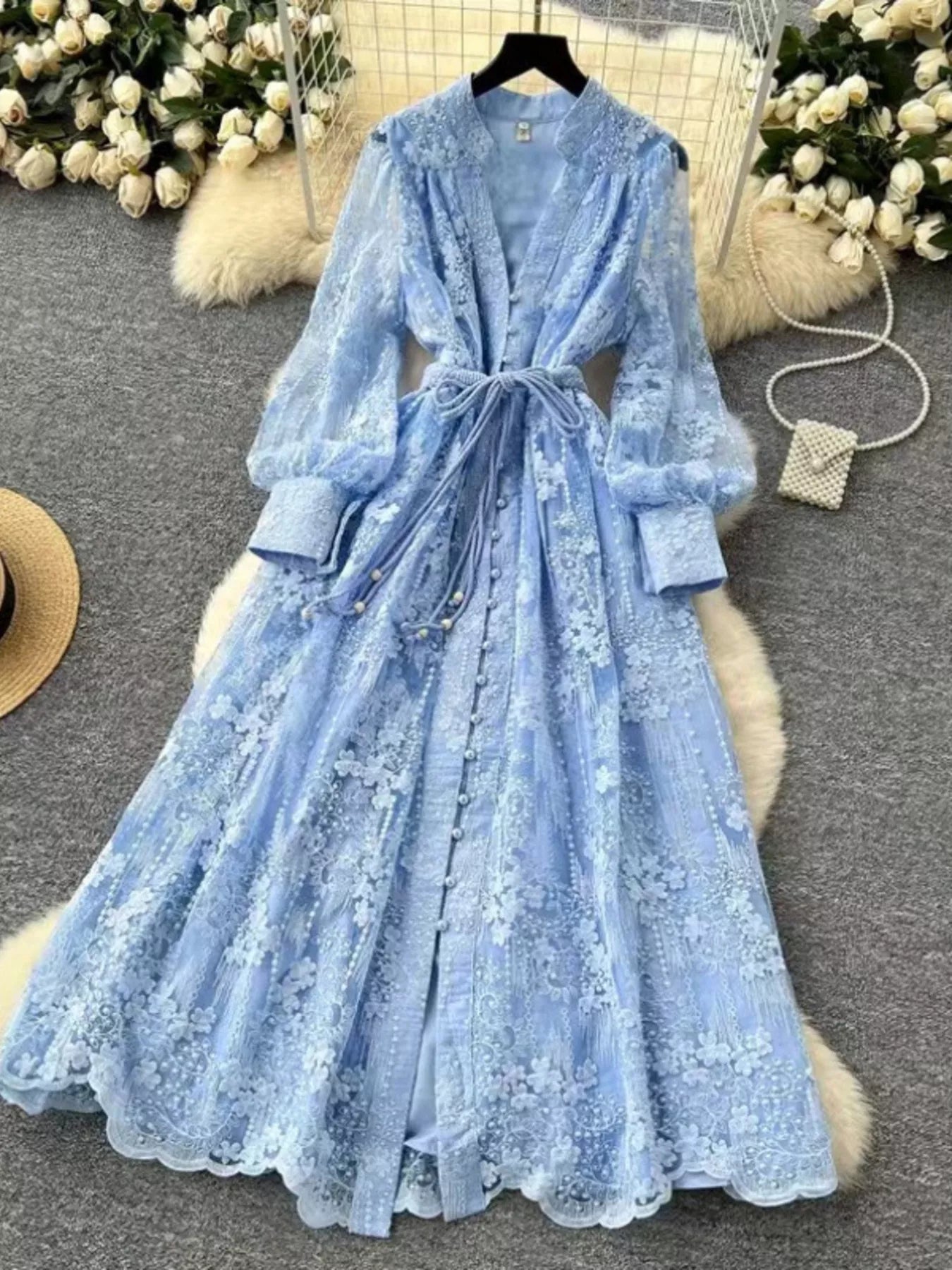 Hazel Blues® |  Lace Tie Waist Long Sleeve Dress
