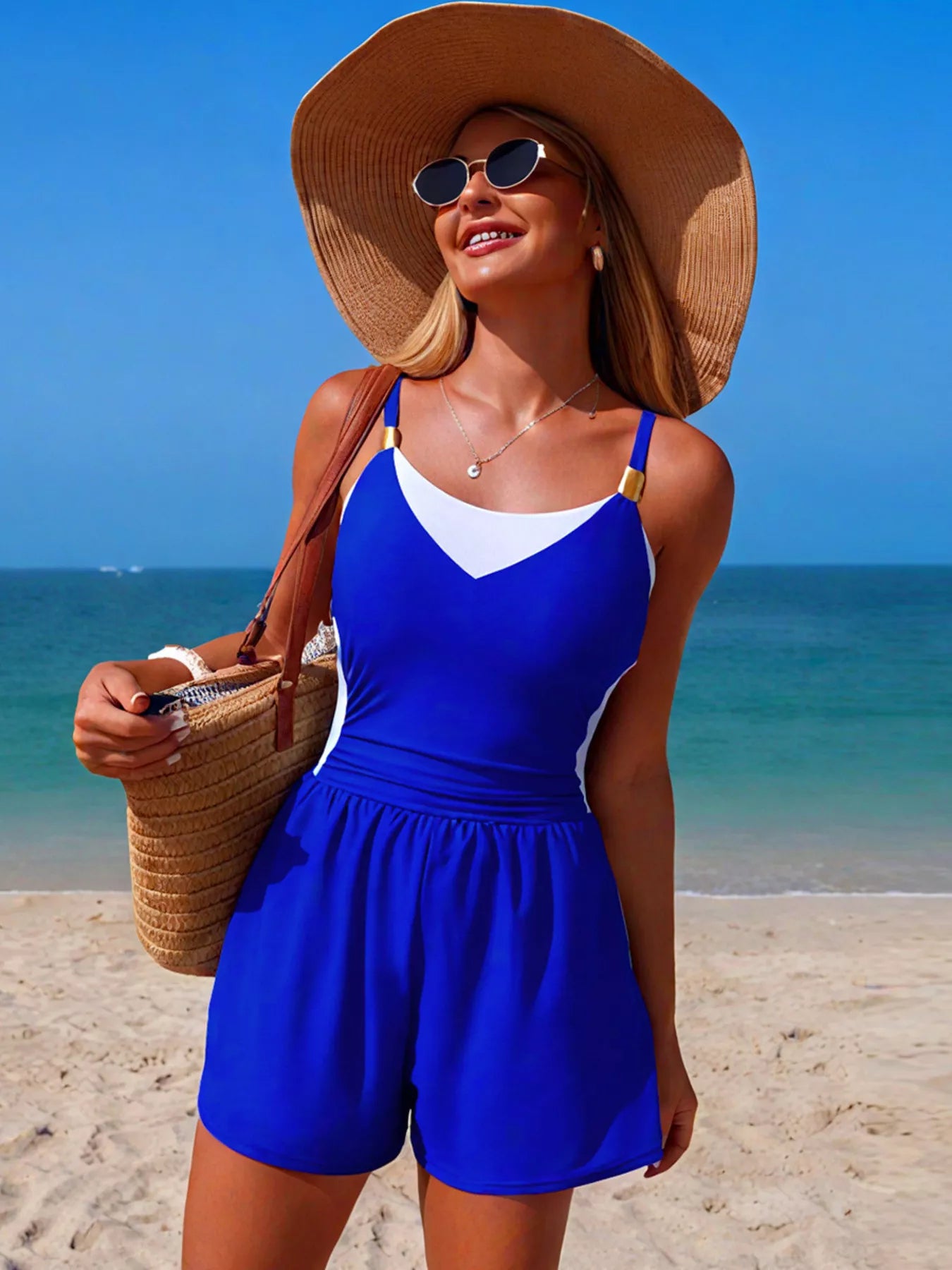 Hazel Blues® | Color Block Adjustable Strap One-Piece Swimsuit