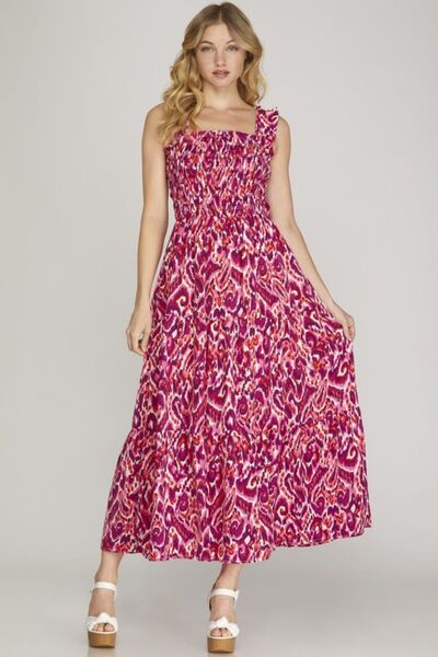 Hazel Blues® | She + Sky Smocked Printed Wide Strap Tiered Dress