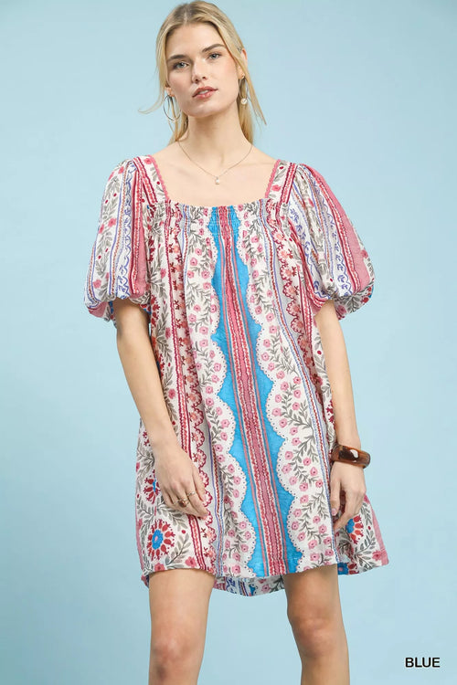 Hazel Blues® |  Umgee Mixed Print Puff Sleeve Mini Dress