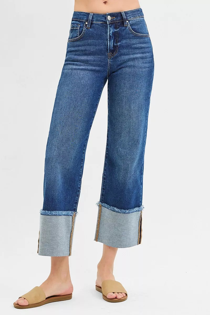Hazel Blues® | RISEN Mid Rise Crop Wide Wide Cuffed Jeans
