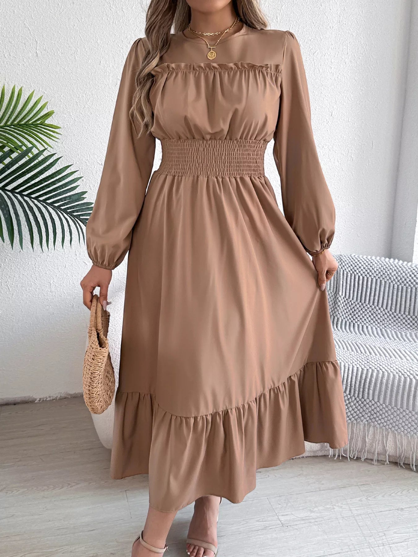 Hazel Blues® |  Round Neck Balloon Sleeve Tiered Dress