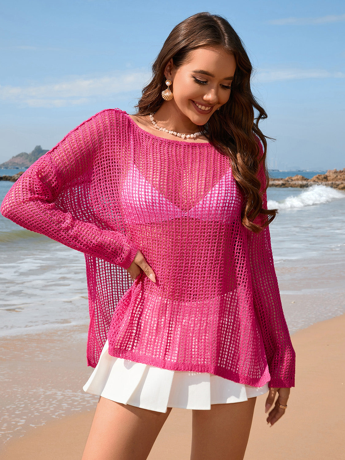 Hazel Blues® | Openwork Slit Boat Neck Long Sleeve Cover-Up