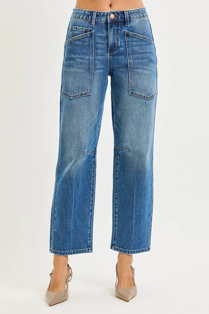 Hazel Blues® |  RISEN 4 Way Stretch Mid Rise Barrel Jeans with Patch Pocket Detail