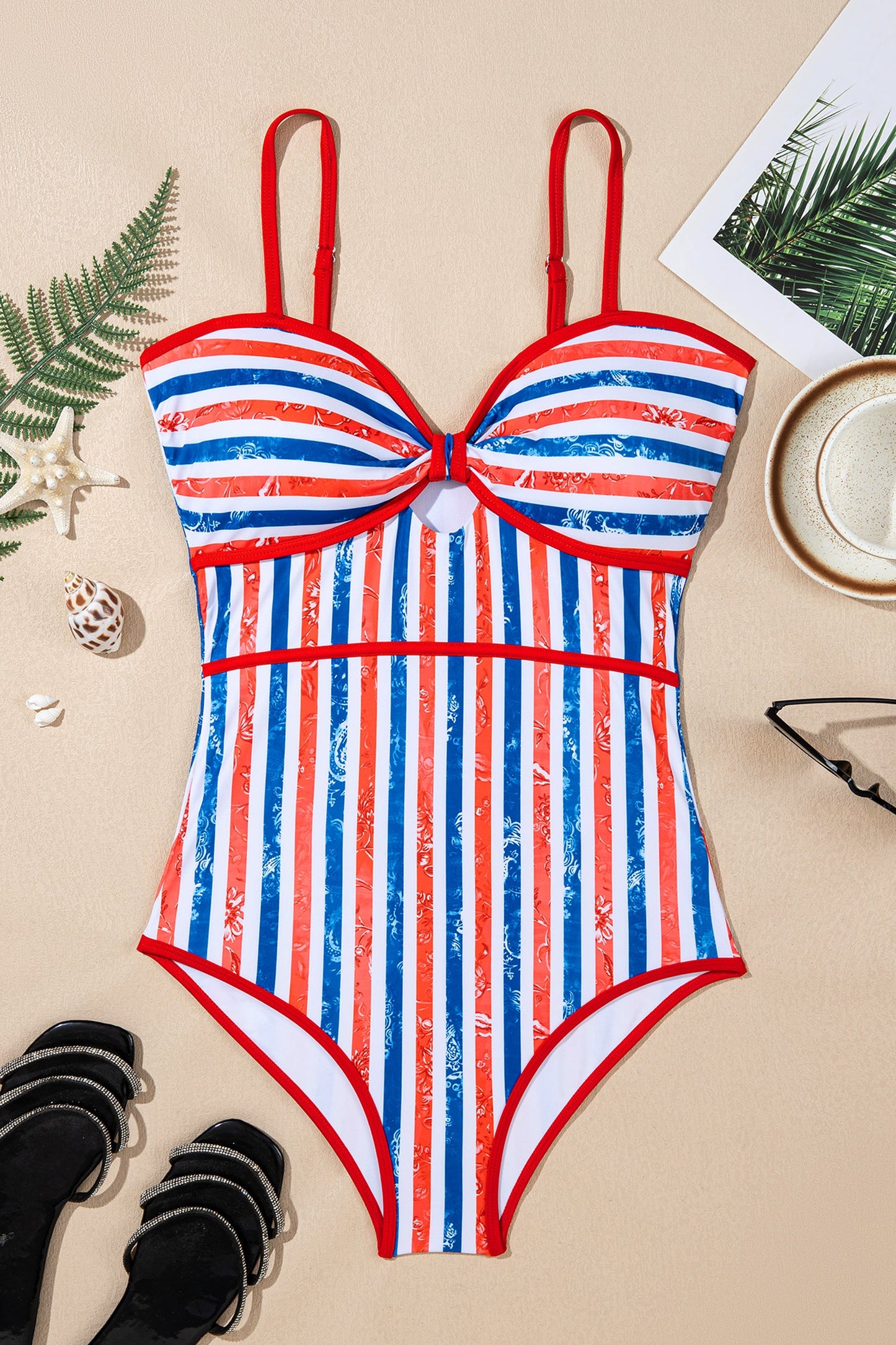 Hazel Blues® | Red July 4th Stripes Star Floral Impression Cutout Spaghetti Straps One Piece Swimsuit