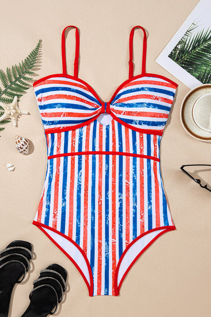 Hazel Blues® | Red July 4th Stripes Star Floral Impression Cutout Spaghetti Straps One Piece Swimsuit