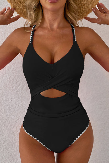 Hazel Blues® | Rose Red Ric Rac Trim Contrasted Patchwork Cutout One Piece Swimsuit