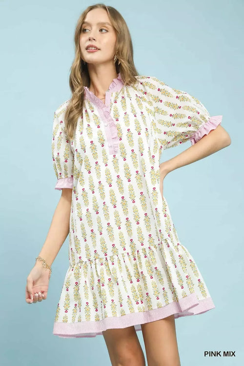 Hazel Blues® |  Umgee Striped Trim Floral Tiered Mini Dress