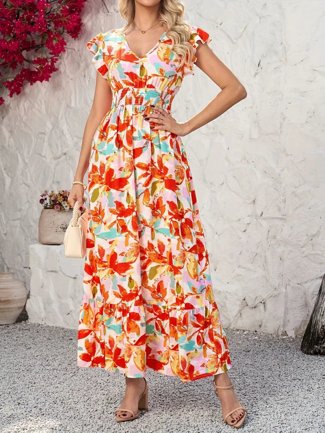 Hazel Blues® |  Ruffled V-Neck Cap Sleeve Dress