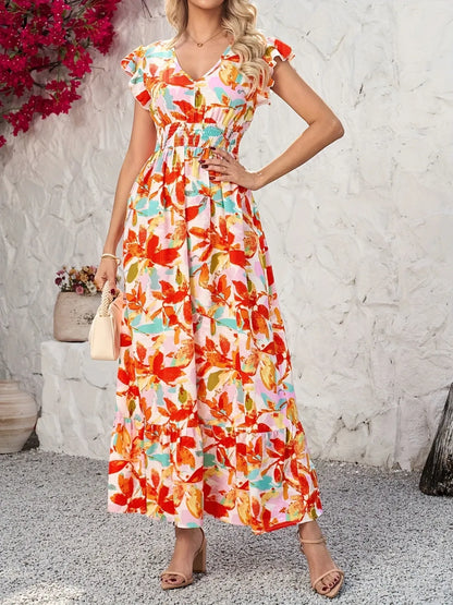 Hazel Blues® |  Ruffled V-Neck Cap Sleeve Dress