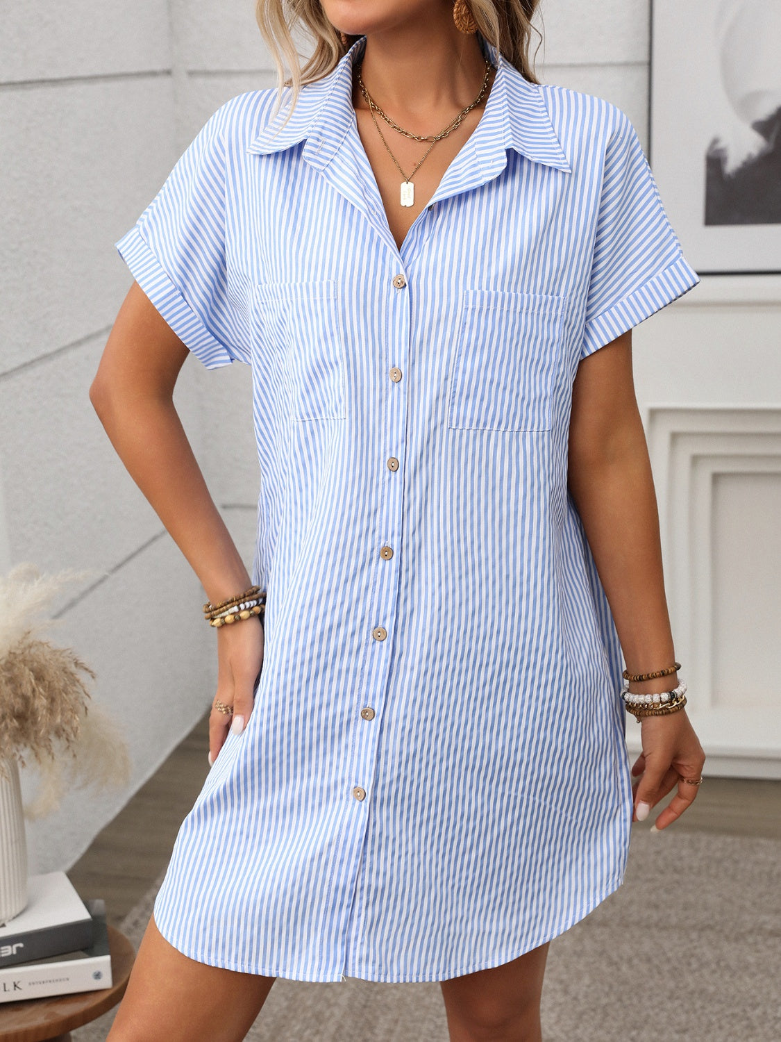 Hazel Blues® |  Striped Button Down Short Sleeve Mini Dress