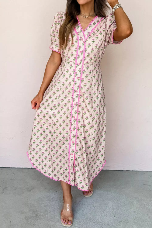Hazel Blues® |  Floral Print V Neck Scallop Trim Button Front Short Sleeve Dress
