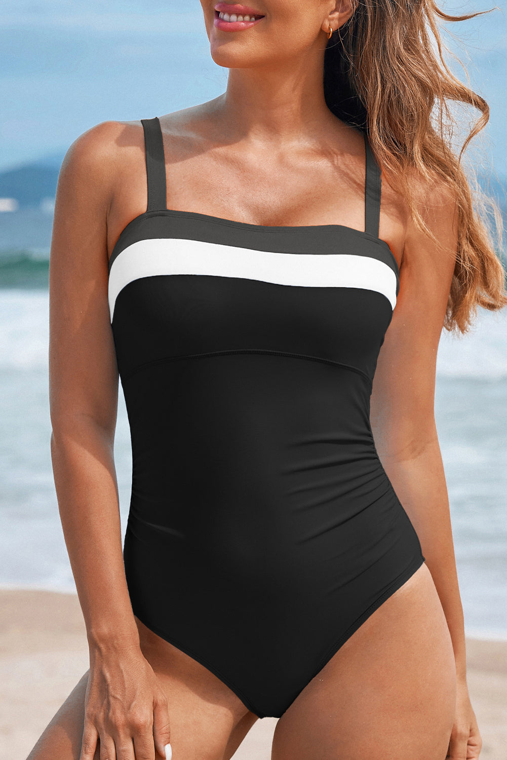 Hazel Blues® | Navy Blue Color Block Detail Adjustable Straps One Piece Swimsuit