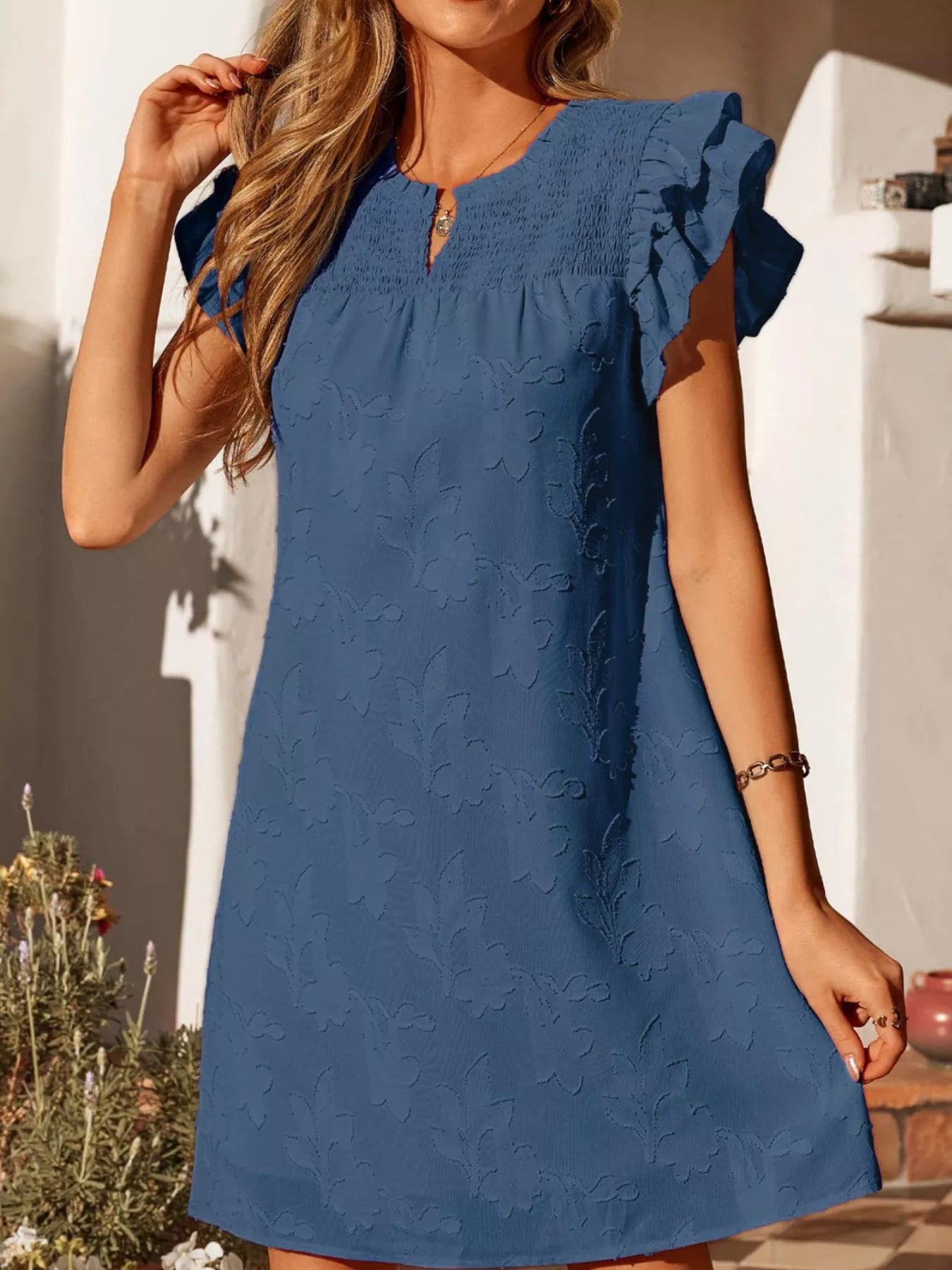 Hazel Blues® |  Floral Embossed Ruffle Sleeve Mini Dress