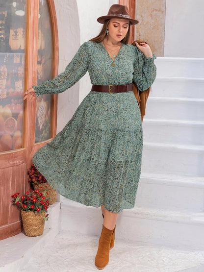 Hazel Blues® | Printed V-Neck Long Sleeve Midi Dress