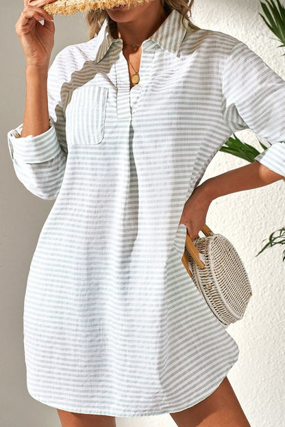 Hazel Blues® |  Striped Johnny Collar Long Sleeve Mini Shirt Dress