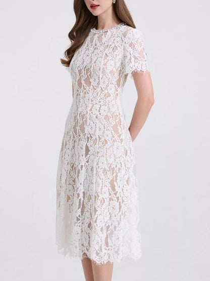 Hazel Blues® |  Lace Pearl Neckline Midi Dress