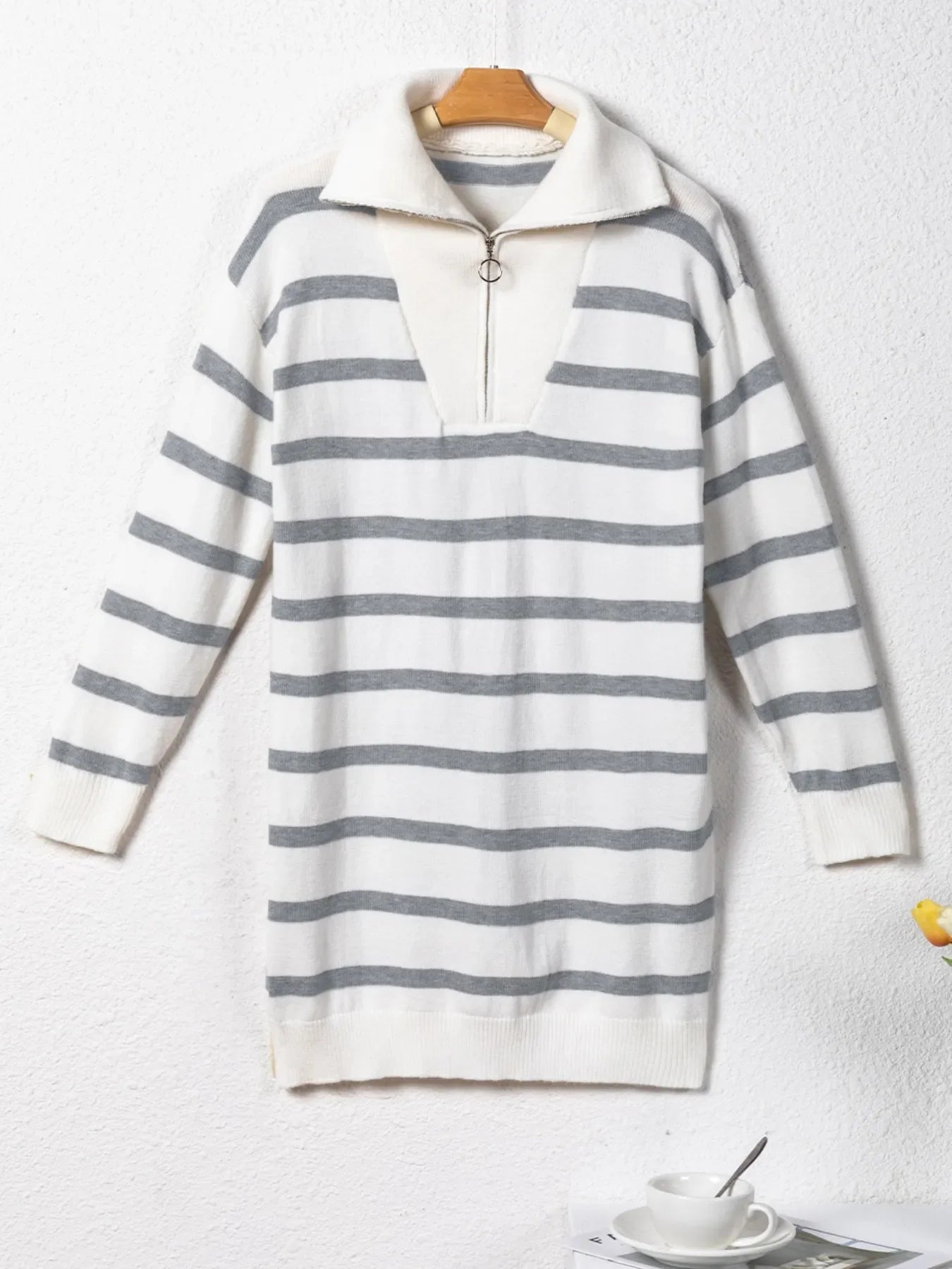 Hazel Blues® |  Striped O-ring Zip Collared Loose Sweater Mini Dress