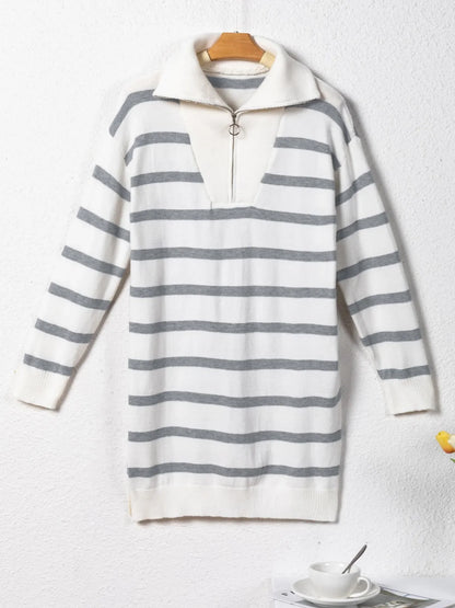 Hazel Blues® |  Striped O-ring Zip Collared Loose Sweater Mini Dress