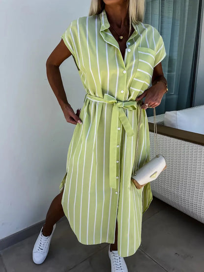 Hazel Blues® |  Striped Tie Waist Short Sleeve Dress