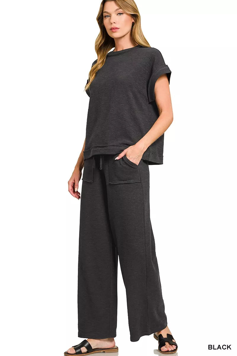 Hazel Blues® |  Zenana Cotton Slub Short Sleeve Tee and Pants Set
