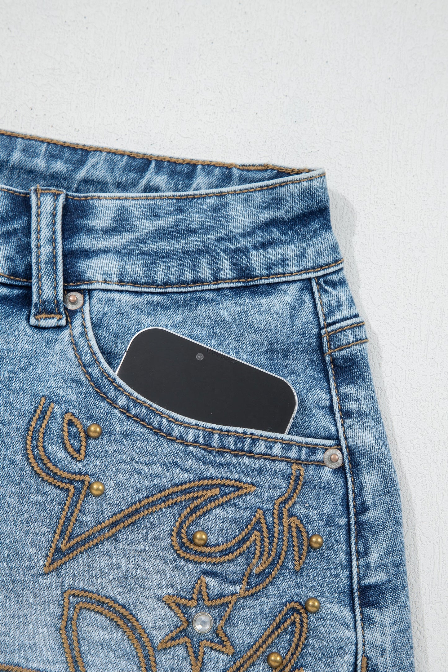 Hazel Blues® |  Dusk Blue Western Embroidery Stud Denim Shorts Summer Daily Wear