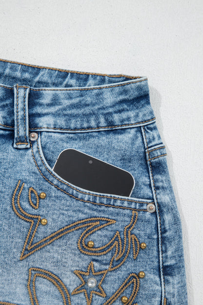 Hazel Blues® |  Dusk Blue Western Embroidery Stud Denim Shorts Summer Daily Wear