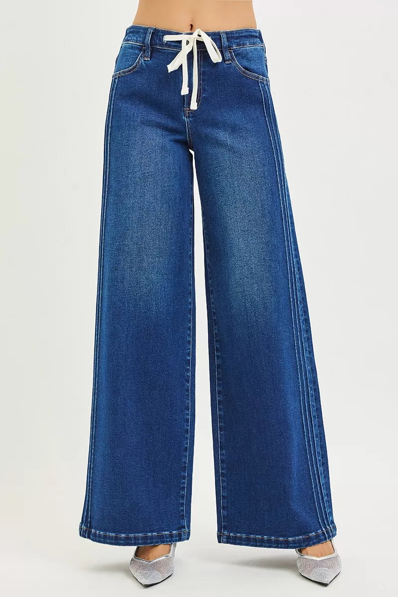 Hazel Blues® | RISEN Mid Rise Wide Side Pintuck Jeans with Front Drawstring